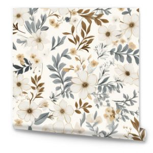 Seamless pattern of white flowers, brown leaves and grey branches on a white background.