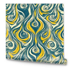 Abstract Swirls of Teal, Yellow, and White:  A mesmerizing seamless pattern featuring swirling, abstract forms in a vibrant palette of teal, yellow, and white.