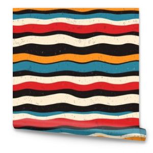 Abstract wavy stripes pattern in red, blue, orange, black and white with grunge texture.