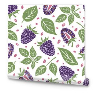 Cute blackberry seamless pattern. Set of various berries, leaves and seeds. Bright floral hand drawn illustration