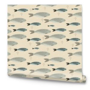 Seamless pattern with school of fish. Illustration with seafood objects for cooking, kitchen design, fishing, fabric, nursing.