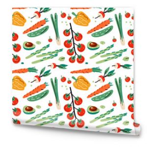 Bright seamless pattern with vegetables for kitchen design, for the menu of restaurants, cafes and canteens. Fresh food. Harvest. Vegetarian diet.