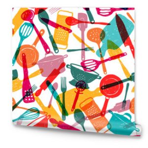 Kitchen utensils colorful doodle style seamless pattern background