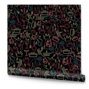 seamless pattern with colorful doodles kitchen utensil in black background