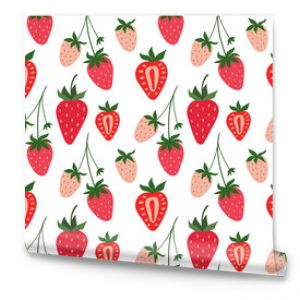 Strawberry seamless hand drawn pattern. Red and Pink Berry background with green leaves.