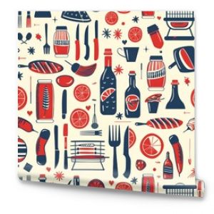 A seamless pattern featuring various grilling and BBQ elements in a bright, fun, and colorful style.