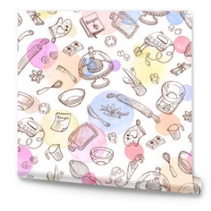 Baking doodle background. Vector seamless pattern with kitchen tools. Hand drawn baking utensils. Cooking tools with watercolor spots on background.