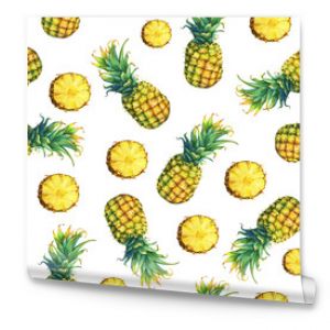 The seamless pattern of of fresh fruit pineapple with green leaves. Hand drawn watercolor painting on white background.