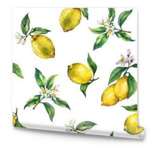 The seamless pattern of the branches of fresh citrus fruit lemons with green leaves and flowers. Hand drawn watercolor painting on white background.