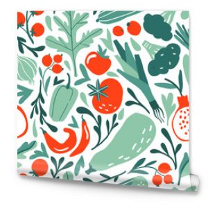 Seamless pattern with hand drawn red and green fruits, berries, vegetables