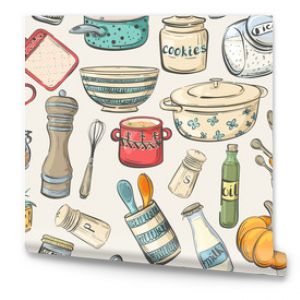 Seamless pattern with cooking utensils, dishes and food 