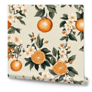 Vintage Orange bouquet on vintage beige fabric background, seamless repeating pattern, textile print style, minimal, citrus fruit bouquet design, dining room decor, textiles