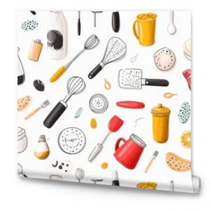 Playful doodle pattern with kitchen accessories and tools forming a seamless design