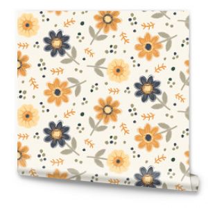 Naive meadowflowers seamless vector pattern background. Vintage retro color scribbled flowers backdrop. Blue orange scattered botanical design. Decorative garden floral all over print for summer