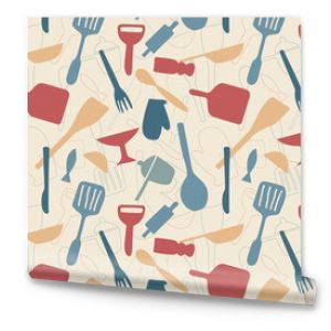 Seamless pattern with kitchen utensils in retro vintage pastel colors