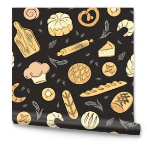 Bakery, bread, croissant, bun, pie, rolling pin, chef hat. Color vector seamless pattern on dark background. 