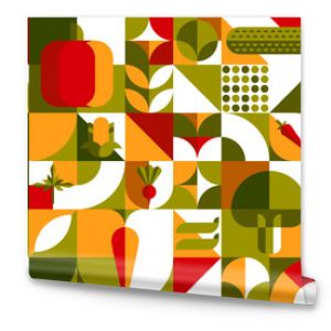 Ripe vegetable abstract geometric pattern background, vector mosaic food tile. Broccoli, carrot and pumpkin with cucumber and tomato vegetables in Bauhaus Swiss or Scandinavian geometric pattern