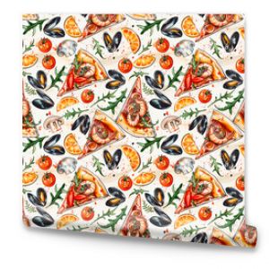 Pizza pieces seamless pattern with seafood ingredients. For design, wallpaper, logo, icon, menu, restaurant, cafe, kitchen, birthday. Pizza food. Pizza illustration.