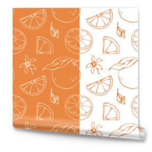 Outline orange vector seamless pattern. Hand drawn ink line sketch style citrus fruits and blossoms endless background for packaging and wrapping paper.