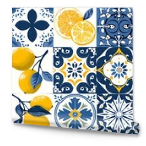 A seamless pattern of hand-painted ceramic tiles featuring lemons and various Mediterranean-inspired patterns.