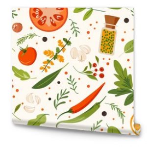 Flat design of kitchen ingredients like herbs and spices in a seamless pattern for culinary themes.