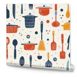 A seamless pattern with various kitchen utensils like spoons, forks, knives, and cooking pots illustrated in a cartoon style. The 2D design uses bright, cheerful colors to make the utensils stand out