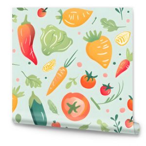 A seamless pattern featuring an assortment of colorful vegetables, including tomatoes, carrots, peppers, and greens, on a light background. Perfect for kitchen or food-themed designs.