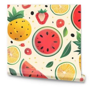 Vibrant fruit vector seamless pattern with apple, orange, lemon, watermelon, strawberry, pineapple, kiwi, banana, pear, papaya icons