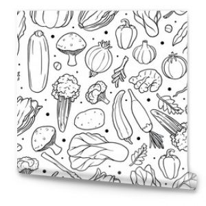 Vegetable seamless pattern with hand drawn doodle line art.