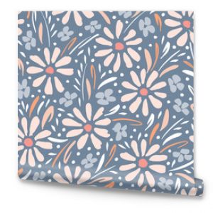 Pastel hand-painted daisies and foliage on grey background vector seamless pattern. Spring summer floral print