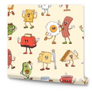 Groovy breakfast characters seamless pattern. Vector tile background with funny retro bacon, egg, toast, butter, sandwich, toaster and tea or coffee cups with cheese slice showing cheerful expressions