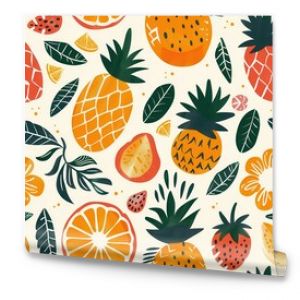 This detailed design showcases a lively pattern of pineapples, oranges, strawberries, and tropical leaves on a light background. Generative AI