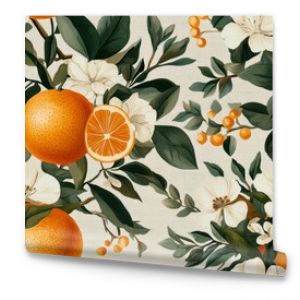 Vintage Orange bouquet on vintage beige fabric background, seamless repeating pattern, textile print style, minimal, citrus fruit bouquet design, dining room decor, textiles