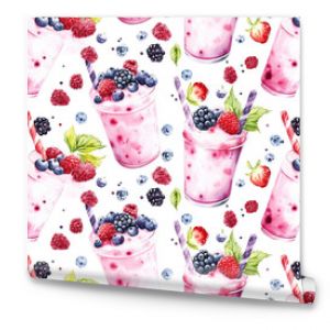 Colorful seamless pattern of berry milkshakes illustrated in watercolor ideal for cookbooks recipes kitchen accessories and food packaging