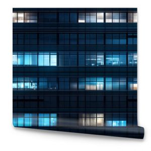 Seamless skyscraper facade with blue tinted windows and blinds at night. Modern abstract office building background texture with glowing lights against dark black exterior walls. 3D rendering..