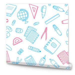 Blue and pink school supplies and office stationary on a white background. Back to school endless texture, education and business concept. Vector seamless pattern for surface texture or wrapping paper