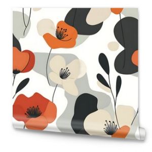 An abstract pattern with orange flowers and grey shapes in a seamless flow.