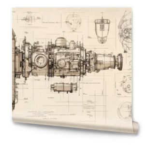 Detailed engineering blueprint of an intricate spaceship, with various perspectives and sections.