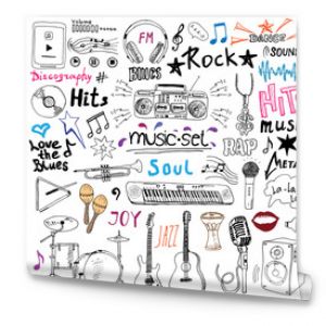 Music items doodle icons set. Hand drawn sketch with notes, instruments, microphone, guitar, headphone, drums, music player and music styles letterig signs, vector illustration, isolated