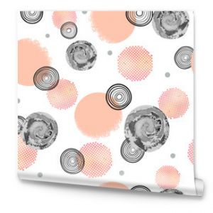 Seamless abstract vector dotted pattern with pink and black circles.