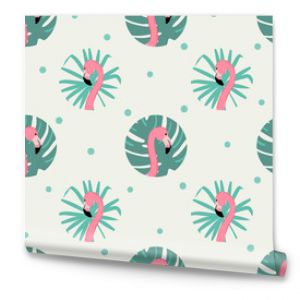 Seamless polka dot pattern with pink flamingo. Vector tropical print. 