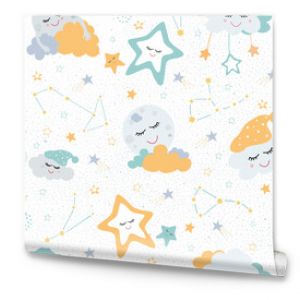  Seamless baby pattern with cute moon, stars and constellations. An illustration with a hand-drawn cute moon and stars. Baby Wallpapers Wallpapers for baby