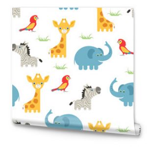 Seamless pattern with cartoon African animals. Children's background. Cute funny zebra, blue elephant, yellow giraffe and red parrot. Vector flat illustration.