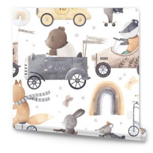 Seamless pattern transports with animals. Watercolor Background. Vintage cars. Beautiful pattern for a child's room.