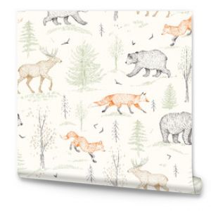 Graphic hand drawn scandinavian forest seamless pattern. Woodland forest animals bear, fox, moose, plants, spruce on beige background . Vintage style engraving. Nature wallpaper for children's room.