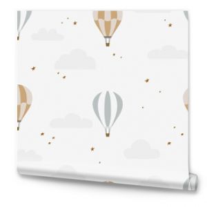 Boho seamless pattern with hot air balloons and clouds. Hand drawn balloon in the sky.Pastel neutral shades. Cute baby background. Funny decor for nursery, textiles, clothing, packaging, interior.