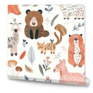 Cute seamless pattern with woodland animals and flowers. Perfect for kid's room decor, fabric, or wallpaper.