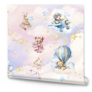 A child's drawing. A cute design for a children's room. Background for the wall. Photo wallpapers with cute animals. Watercolor clouds. Animals on balloons.