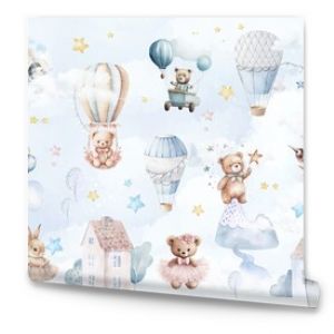 A child's drawing. A cute design for a children's room. Background for the wall. Photo wallpapers with cute animals. Watercolor clouds. Animals on balloons.