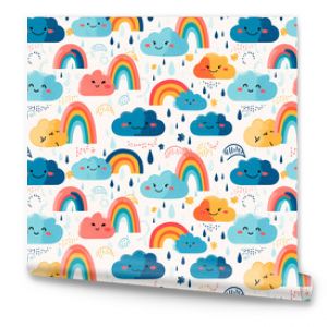 A playful seamless pattern with cute clouds, rainbows, and raindrops, designed in vibrant colors to brighten up children's rooms or playful spaces.